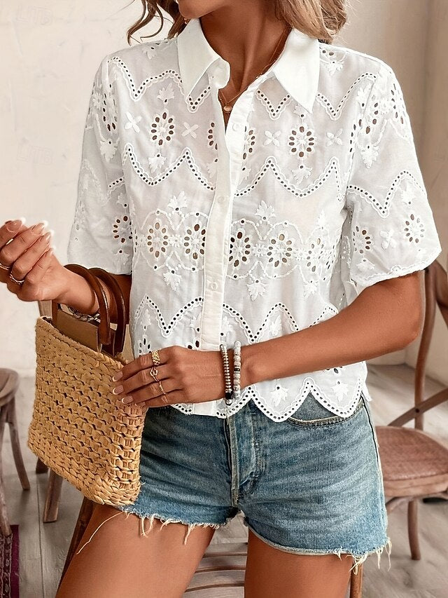 Women's Blouse Eyelet Solid Color Stylish Casual Short