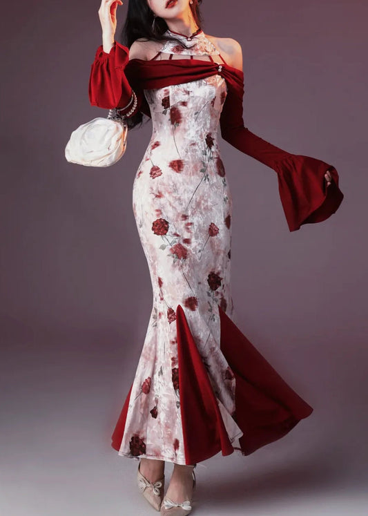 Velvet Print Patchwork Fishtail Chic Silk Red Flare Dresses