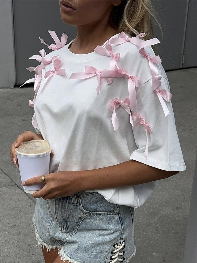 Women's Tee 100% Cotton 3D Appliques Bow Solid Color Cute