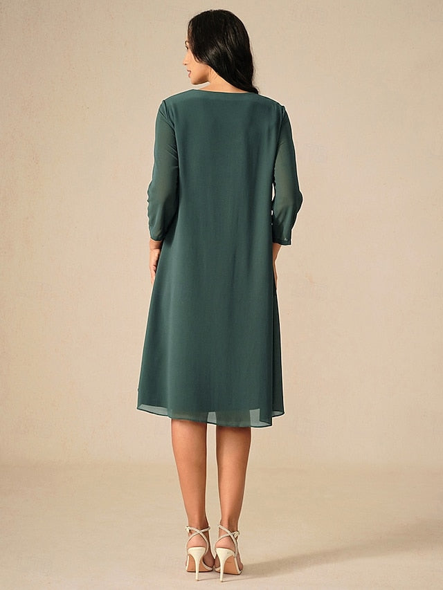 Women's Evening Dress Cape Sleeve Knee-Length Elegant Green