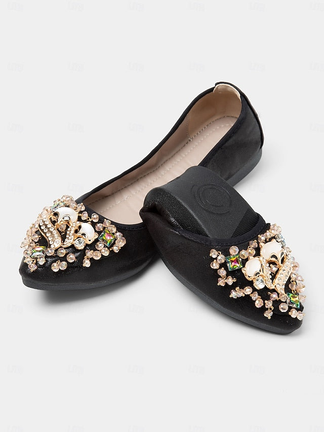 with Foldable Women's Black Ballet Flats Rhinestone