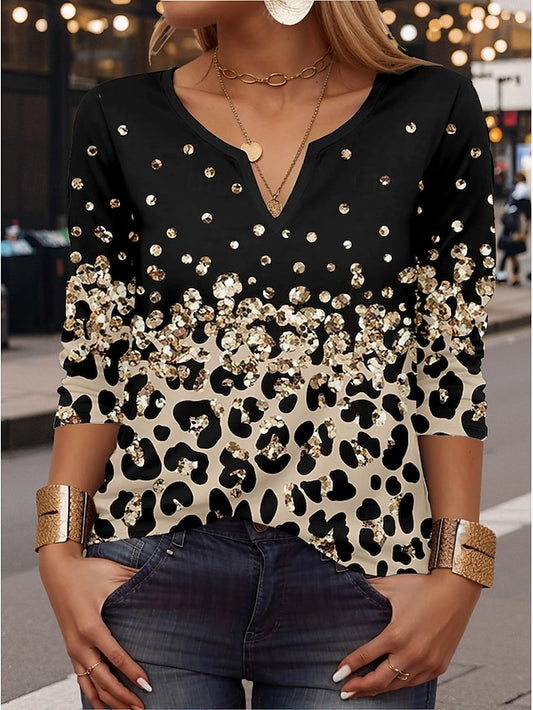 Women's T Shirt Print Leopard Casual Long Sleeve Notched