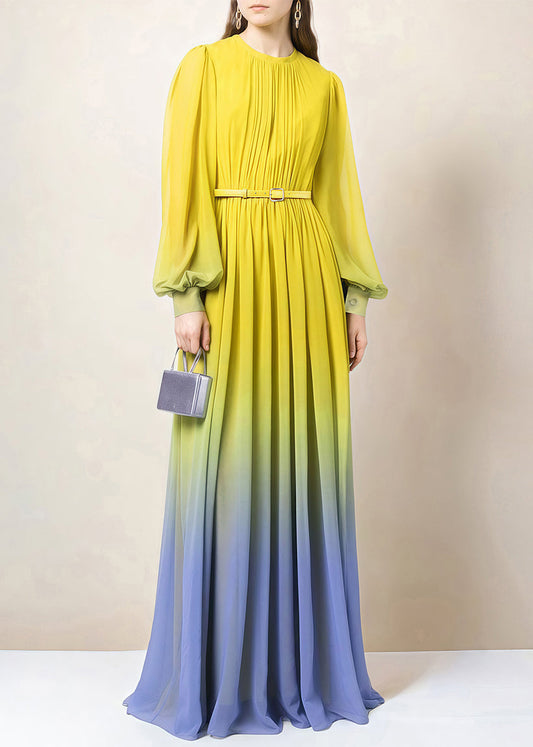 Dress Fall Button Chiffon Gradient Wrinkled Color Ankle Italian