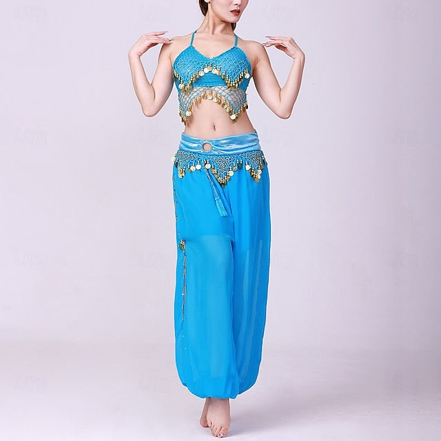 Latin Dance Top Gold Coin Pure Color Splicing Women's