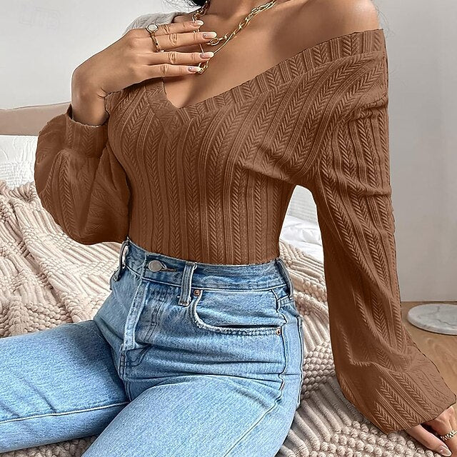 Women's Cable Knit T-Shirt Solid Color Cute Stylish Casual