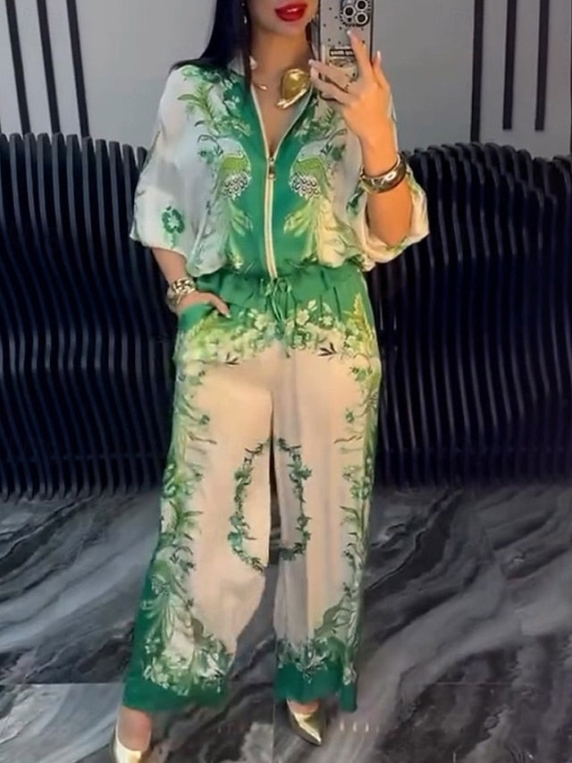 Women's Blouse Pants Sets Long Sleeve Stand Collar Floral