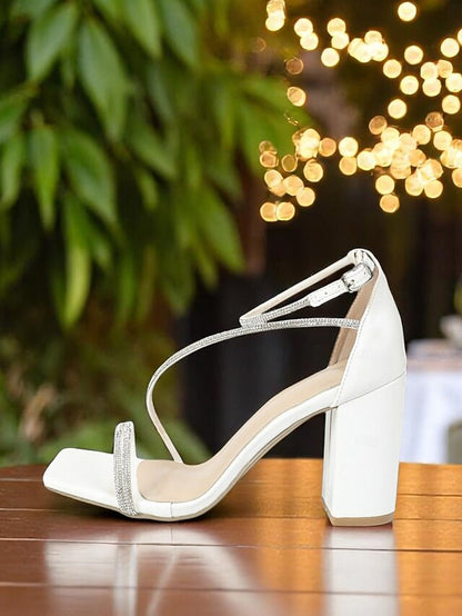 Block Rhinestone White Straps Sandals with - Women's Heel