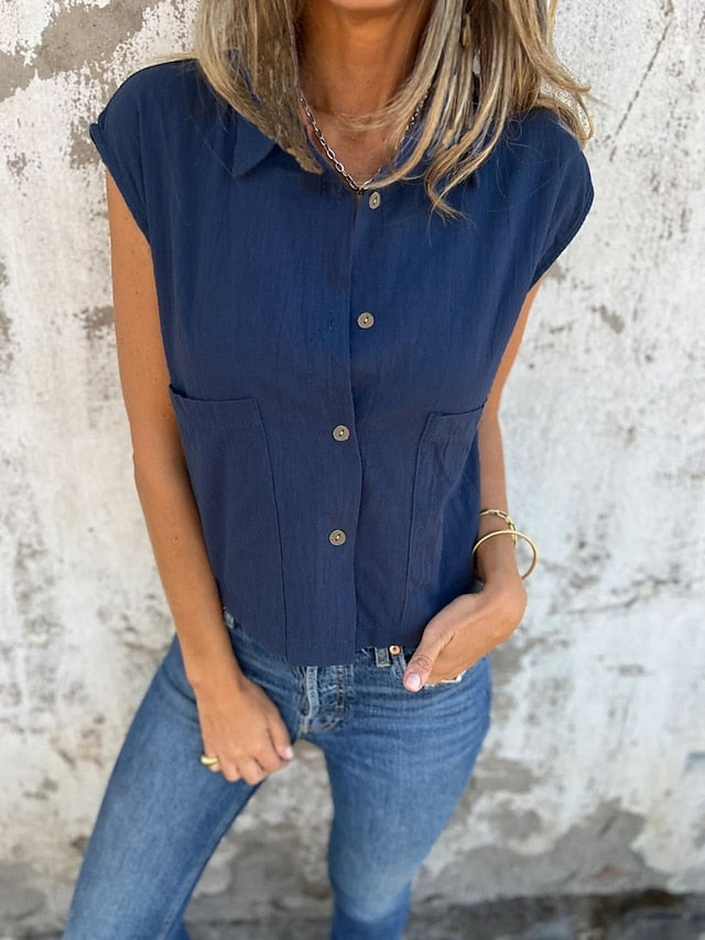 Women's Tank Top Sleeveless Shirt Pocket Buttons Plain