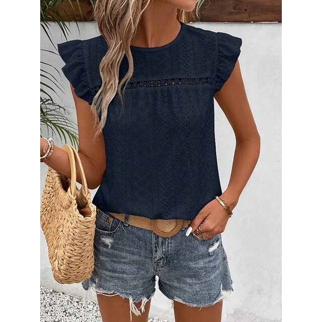 Women's T Shirt Tee Top Ruffle Eyelet Plain Fashion Stylish
