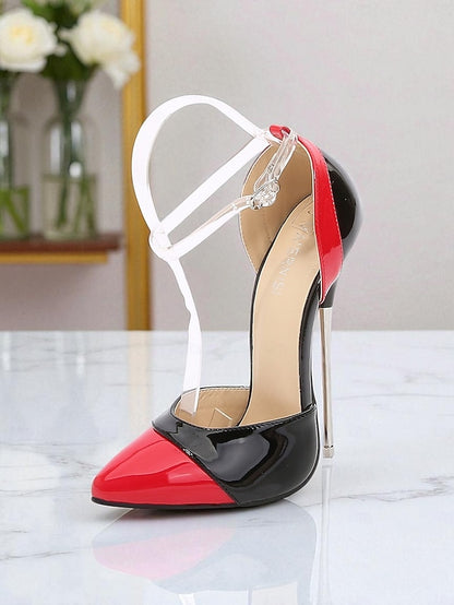 Patent Toe Leather Black and Red Women's Pointed Stiletto