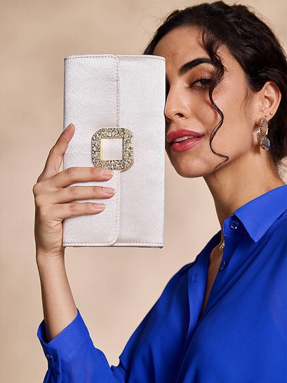Buckle Women's Satin with Rhinestone Elegant White Clutch -