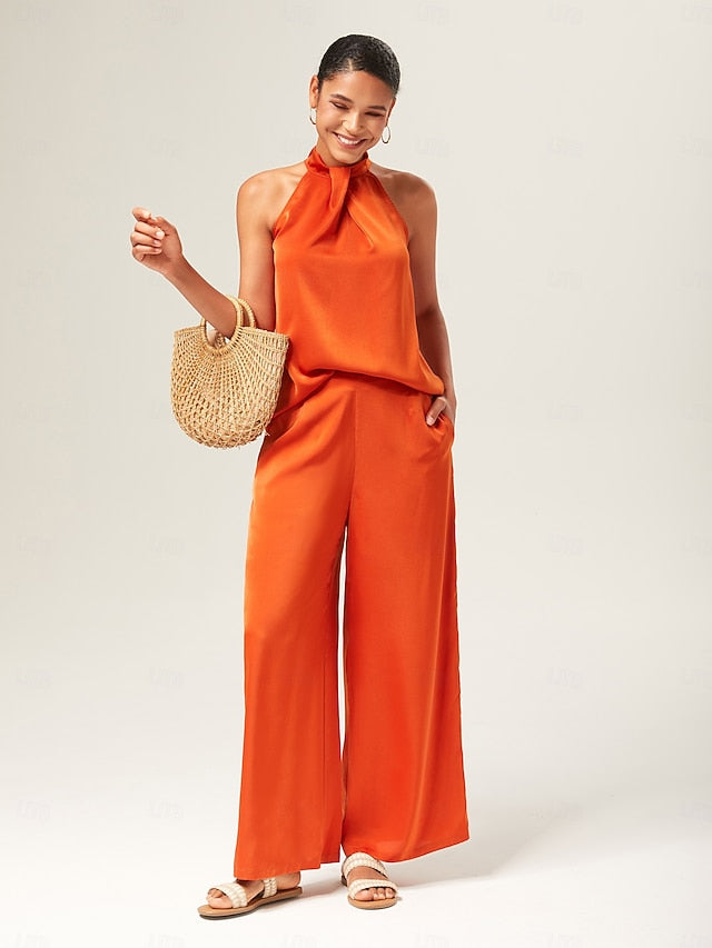 Orange Stand Collar Wide Leg Pants Set