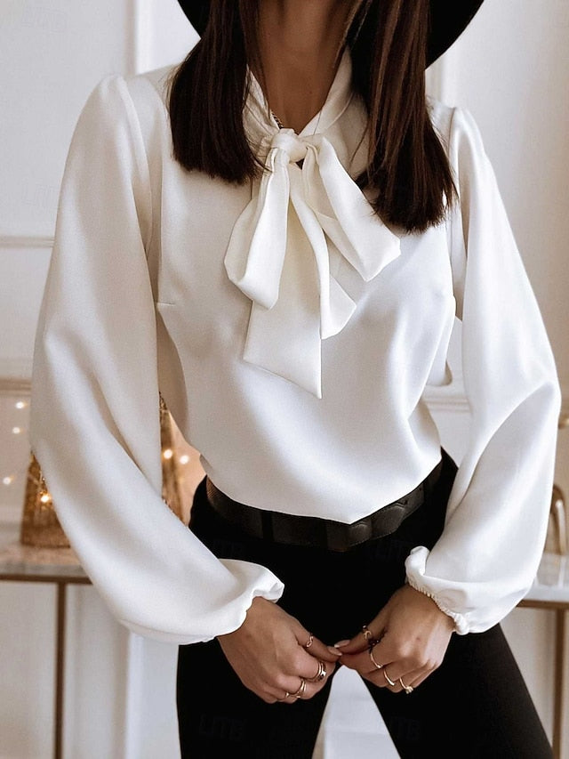 Women's Dress Shirt Blouse Bow Solid Color Elegant Stylish