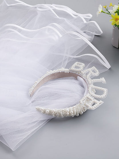 'BRIDE' with Headband Veil – Pearl-Embellished