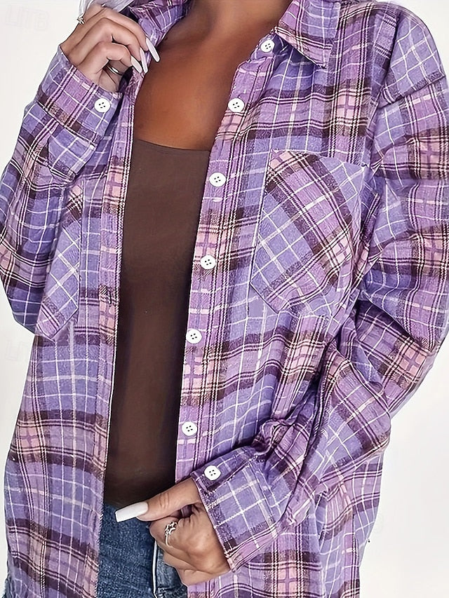 Women's Shirt Pocket Buttons Plaid Elegant Bohemia Vintage