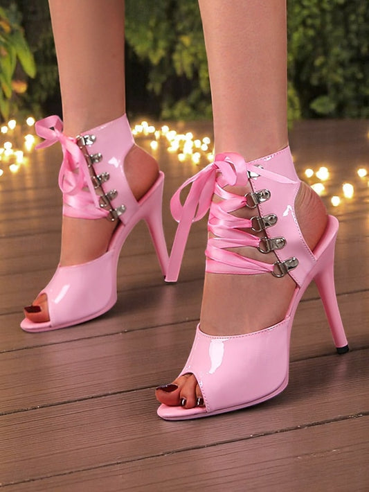 Cutout Lace-Up Sandals Patent Women's Black Sexy - Stiletto