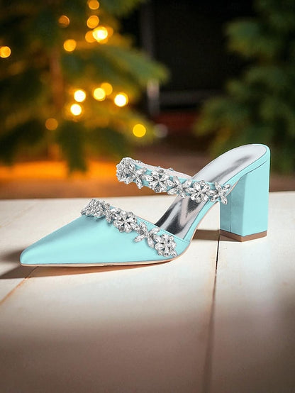 Black Satin Women's Rhinestone Mules Floral with Block Heel