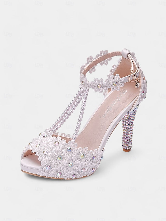 Bridal Lace Floral - Sandals Pearl-Decorated T-Strap White