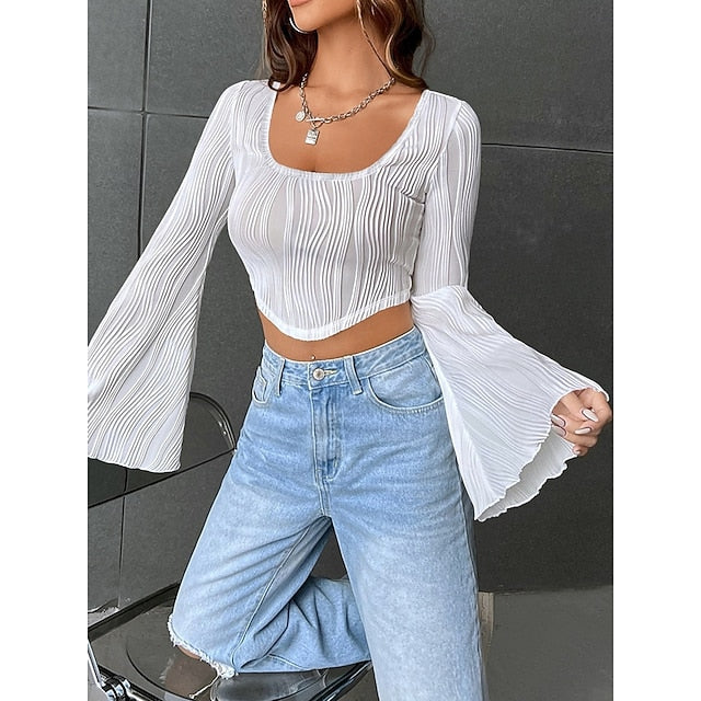 Women's Blouse Solid Color Stylish Casual Long Sleeve U