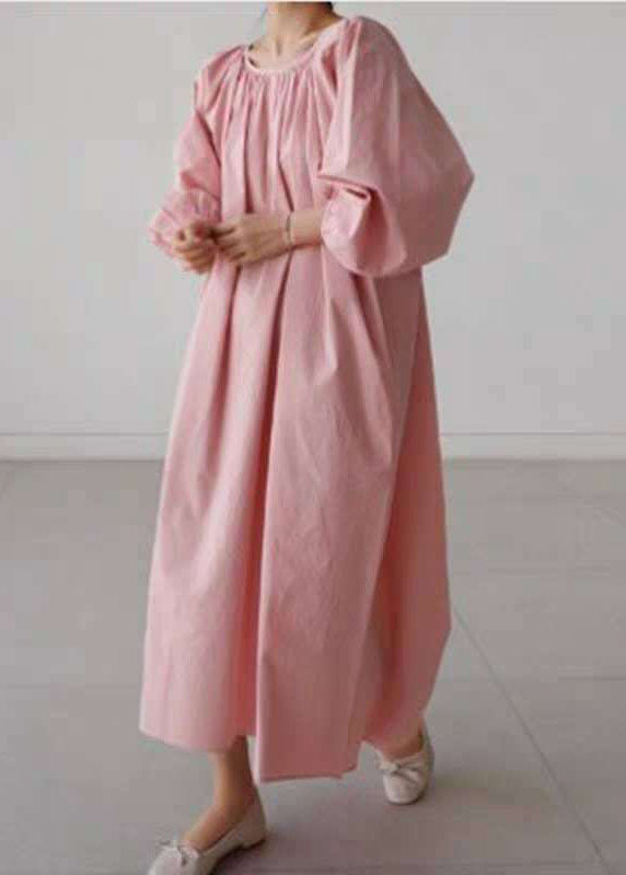 Dress wrinkled O-Neck Pink Maxi Quarter Three Cotton sleeve