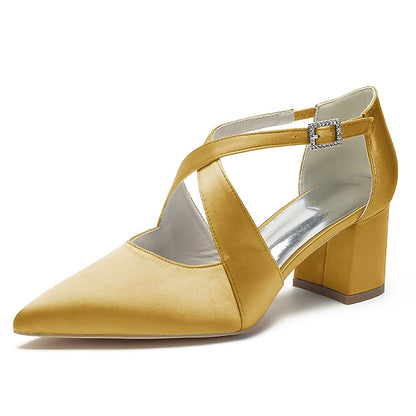 Satin Elegant Toe – White Women's Heels Block Pointed