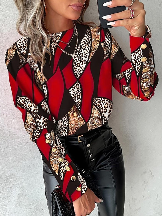 Women's Blouse Elegant Color Block Buttons Print Raglan