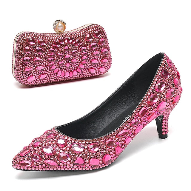 Matching Women's Heel Kitten Crystal-Embellished Shoes and