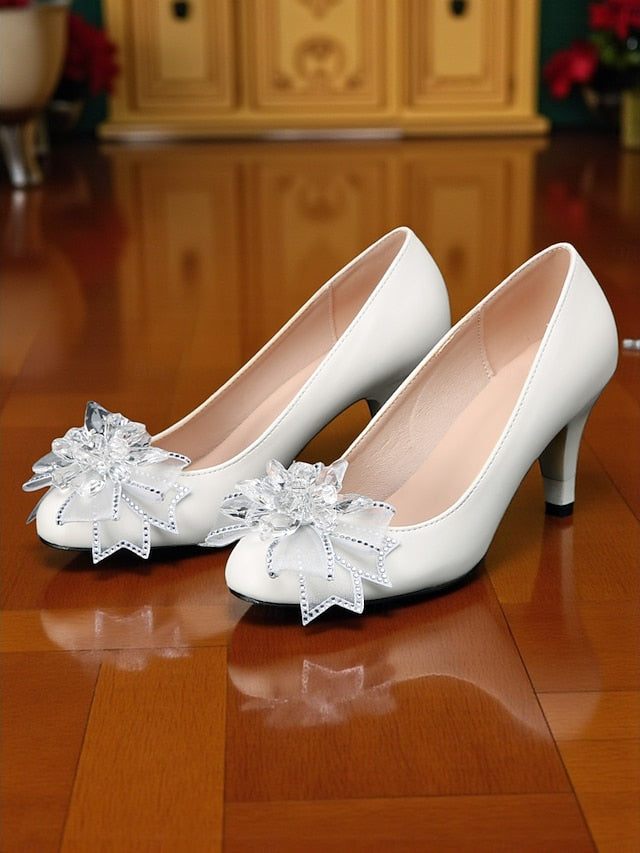 Crystal Shoes Women's Bow Low White Heel with Wedding