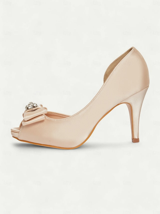 Bow Heels Women's Peep Satin with Champagne and Toe