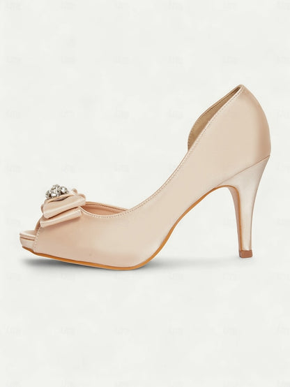 Bow Heels Women's Peep Satin with Champagne and Toe