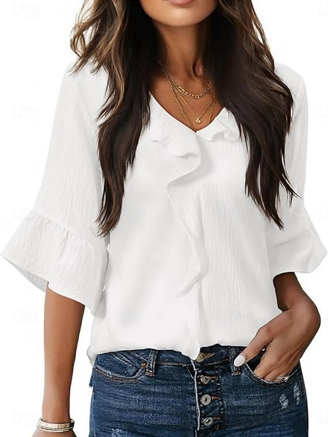 Women's Blouse Ruffle Solid Color Stylish Basic Casual 3/4