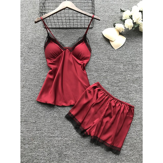 Women's Lace Satin Silk Pajamas Sets 4 Pcs Home Party Daily