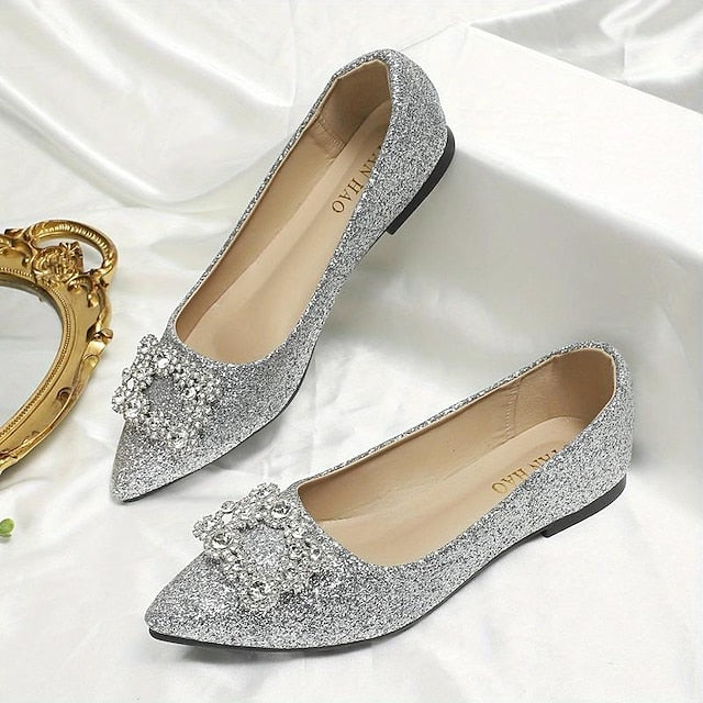 Glitter Silver Embellished Rhinestone Flats Women's with