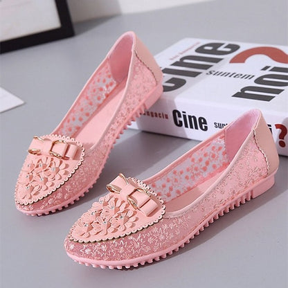 - Flats Bow and Details Pink Floral Lace with Women's