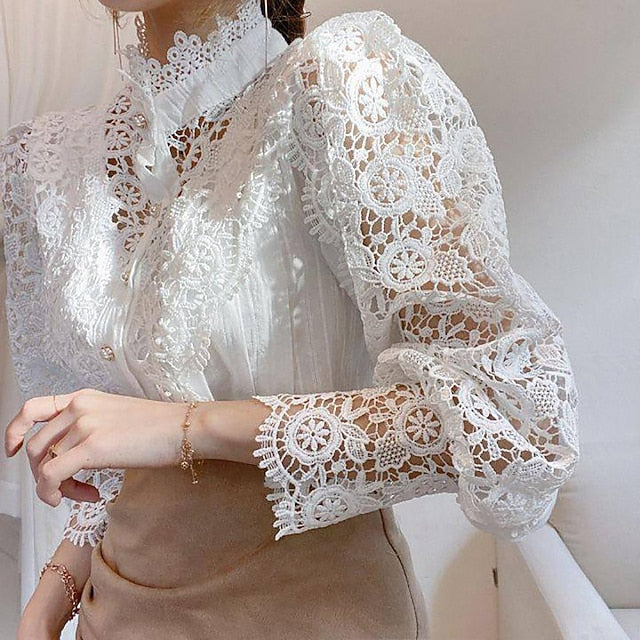 Women's Lace Shirt Blouse Eyelet top White Lace Shirt