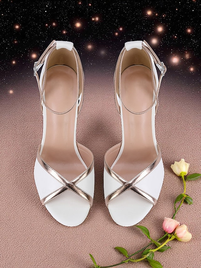 Women's Strap with White Ankle Block Metallic Sandals Heel