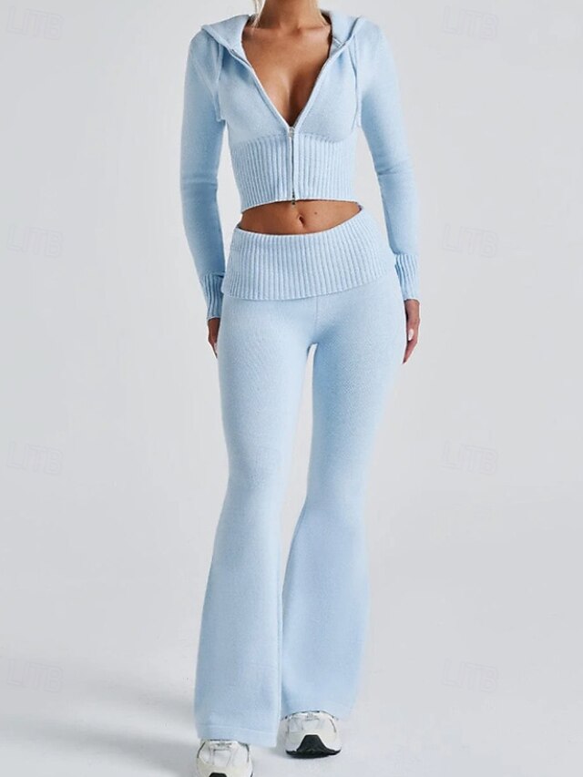 Women's Pants Sets Bolero Top Long Sleeve Hooded Plain