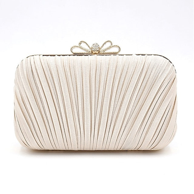 Bow Pleated Clutch Elegant Bag White Rhinestone Women's –