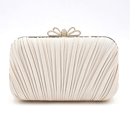 Bow Pleated Clutch Elegant Bag White Rhinestone Women's –