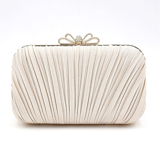 Bow Pleated Clutch Elegant Bag White Rhinestone Women's –