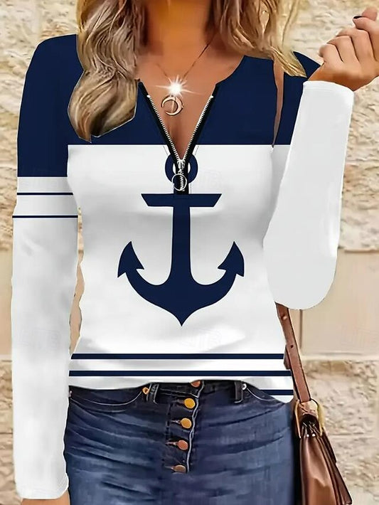 Women's T Shirt Quarter Zip Long Sleeve Casual Floral V