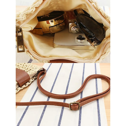 - Crossbody Women’s Chic Strap with Woven Straw Bag Leather