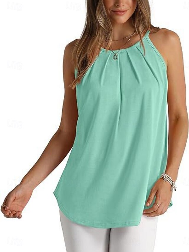 Women's Tank Top Sleeveless Shirt Tee Top Pleats Solid