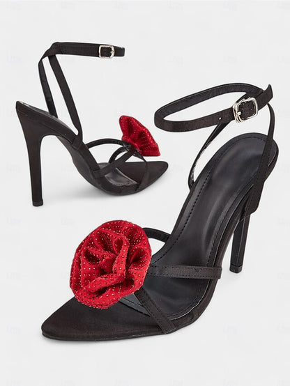 Sandals Black with Embellishments - High Red Heel Floral Chic