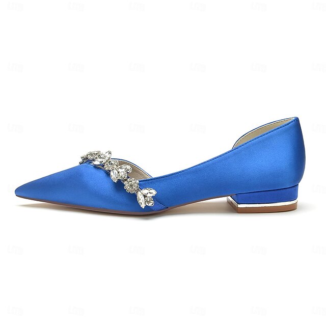 and Wedding Flat with Pointed Toe Shoes White Satin Crystal