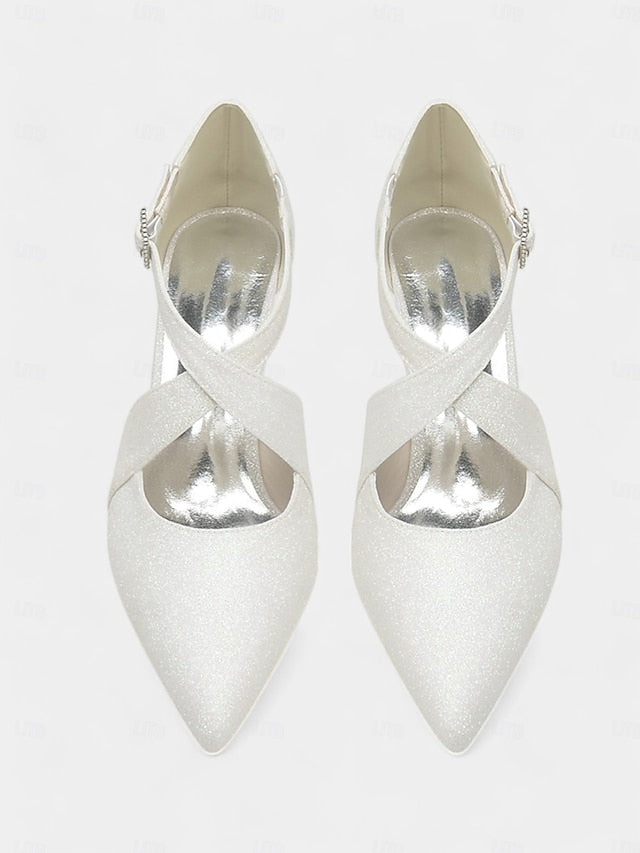 with Cross Heels Strap Buckle Kitten Glitter Rhinestone White