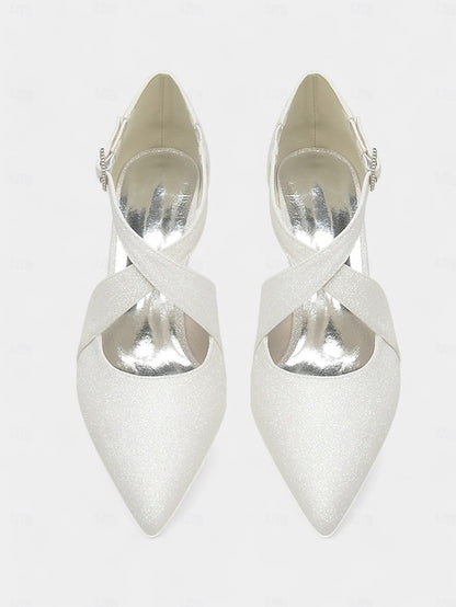 with Cross Heels Strap Buckle Kitten Glitter Rhinestone White