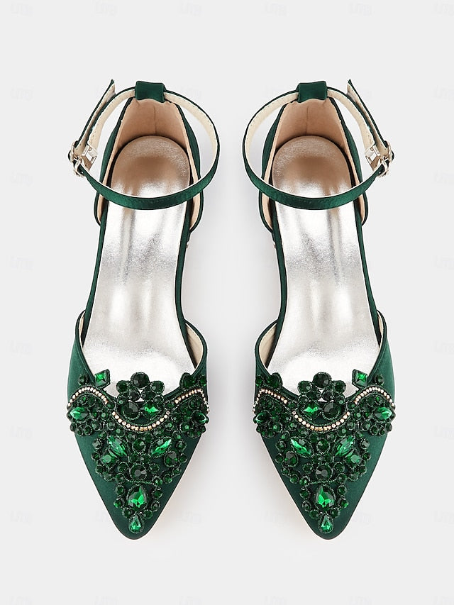 Style Flats Green Vintage Pointed-Toe Gemstone Embellished –