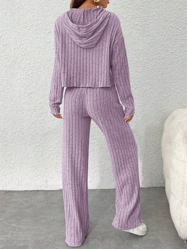 Women's Pants Sets Bolero Top Long Sleeve Hooded Solid