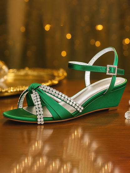 Satin Wedge Women's Sandals Knot Rhinestone Green